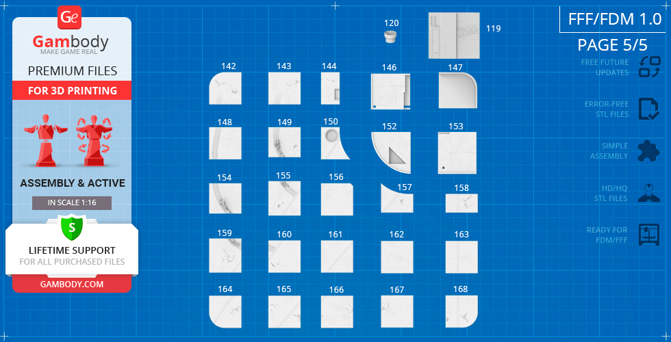 A grid display of Batmobile 1989 STL parts for 3D printing, showing labeled components and Gambody branding.