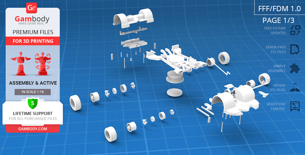 Exploded view of 3D printable 1989 Batmobile model parts on a blue grid background.