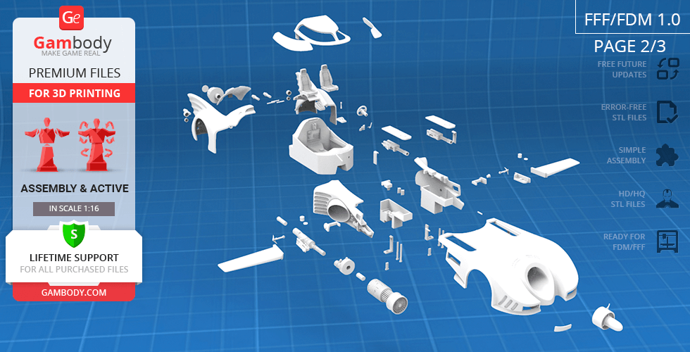 Exploded view of Batmobile 1989 3D model parts for printing, on a blue grid background.