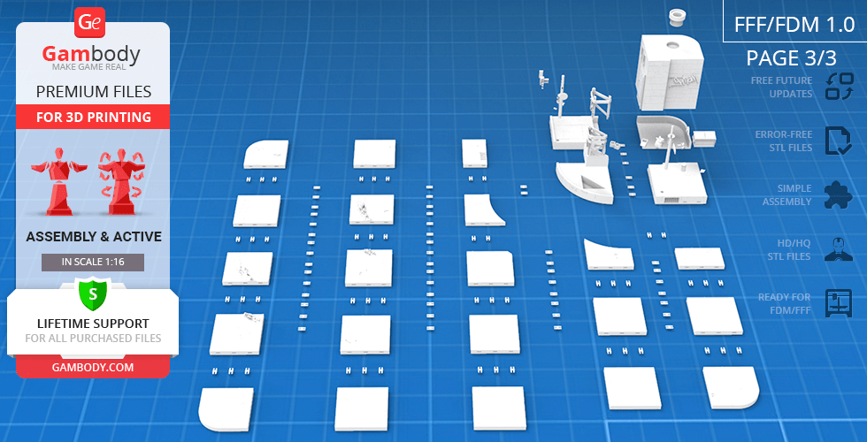 Layout of 3D printable Batmobile 1989 parts on a blueprint-style grid.