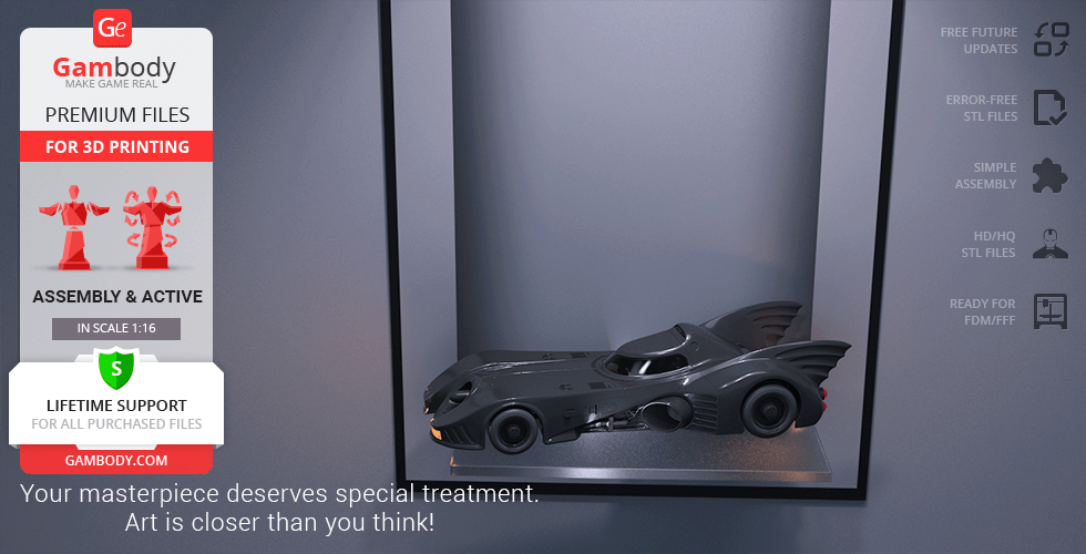 A detailed 3D model of the 1989 Batmobile, designed for 3D printing, displayed on Gambody.com.