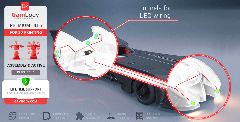 3D model of 1989 Batmobile with LED wiring tunnels, ready for 3D printing at 1:16 scale.