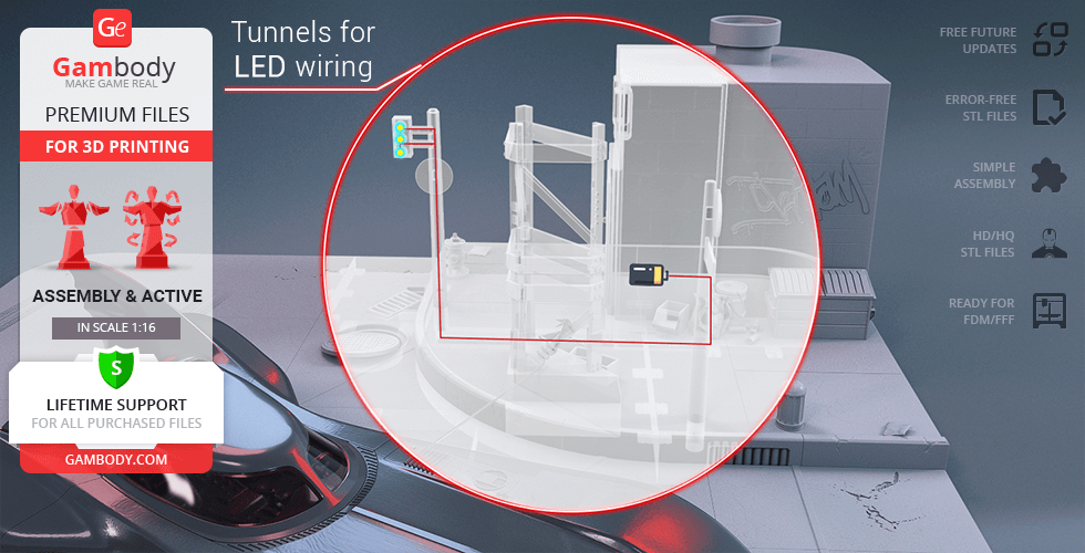 3D model of Batmobile 1989 with details on LED wiring tunnels for 3D printing.