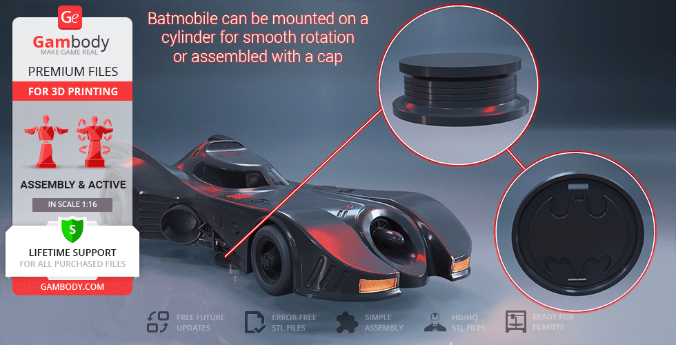 3D model of the 1989 Batmobile; includes a cylinder for rotation and cap assembly, shown on Gambody platform.