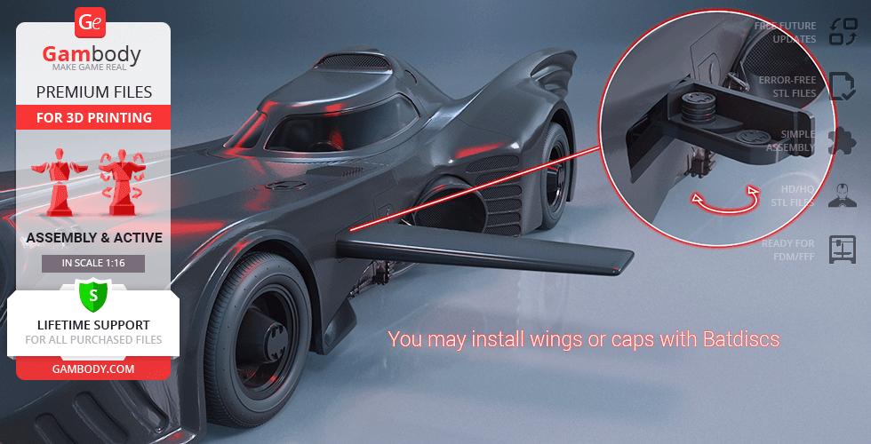 3D model of the 1989 Batmobile for printing, featuring wing installation with Batdisc details.