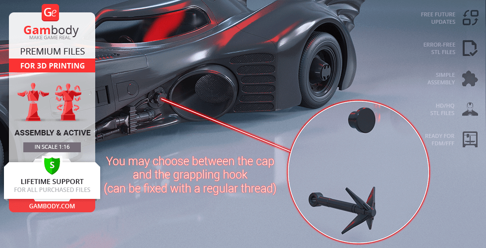 Close-up of a 3D-printed Batmobile model with options for a cap or grappling hook attachment.