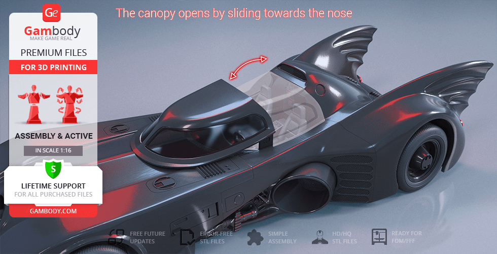 1989 Batmobile 3D model with sliding canopy, detailed for printing, by Gambody.