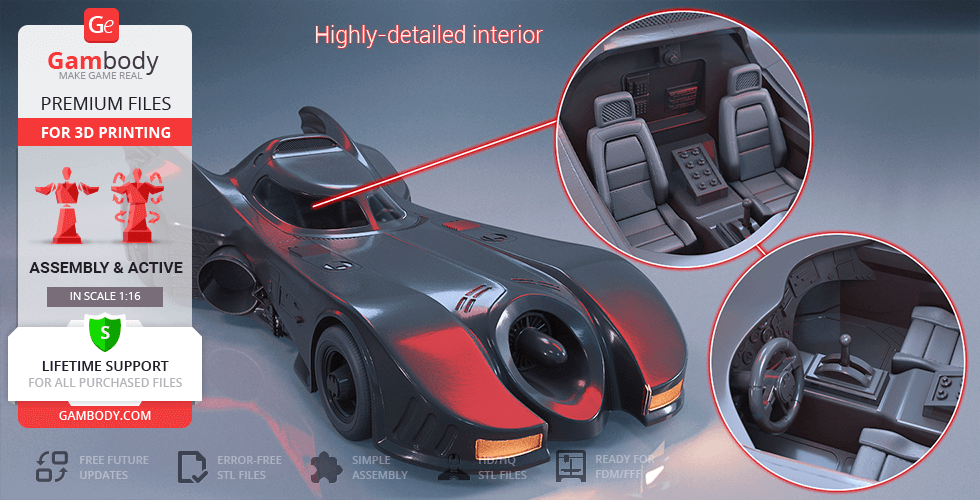 A detailed 3D model of the 1989 Batmobile with highlighted interior for 3D printing.