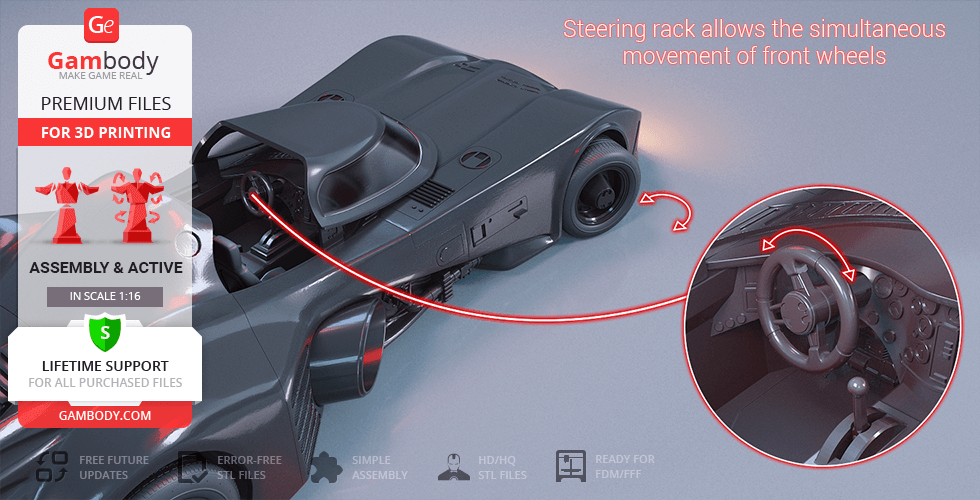 1989 Batmobile 3D model with steering detail, available for 3D printing from Gambody.