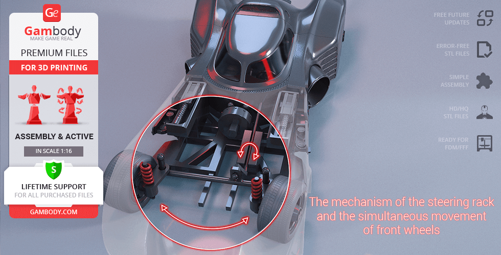 3D printable 1989 Batmobile model highlighting front wheel mechanism.