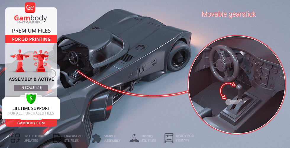 3D model of the 1989 Batmobile with movable gearstick for 3D printing.