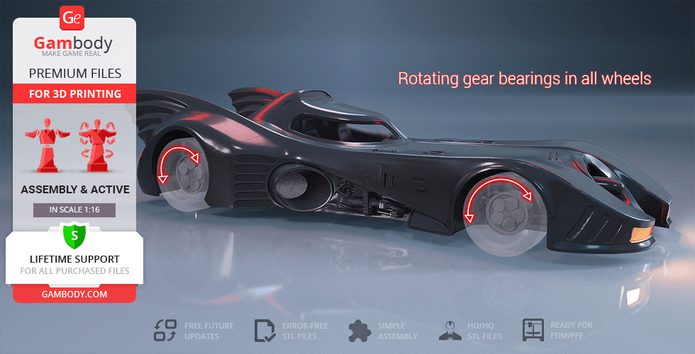 3D model of 1989 Batmobile, showcasing rotating gear bearings, ready for printing from Gambody.