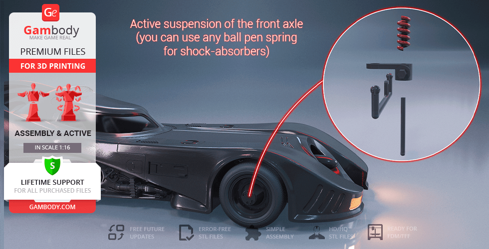 3D model of the 1989 Batmobile with active suspension feature, suitable for 3D printing.