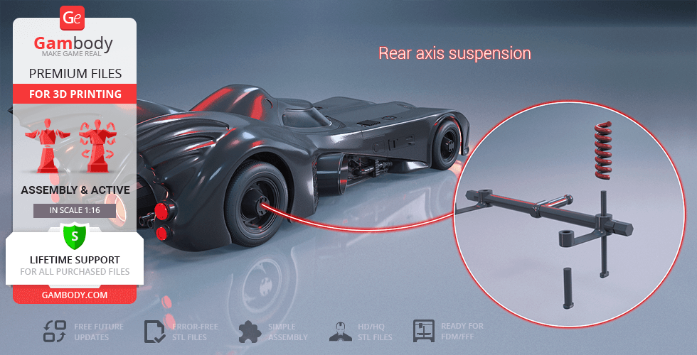 3D model of the 1989 Batmobile with highlighted rear axle suspension parts for 3D printing.