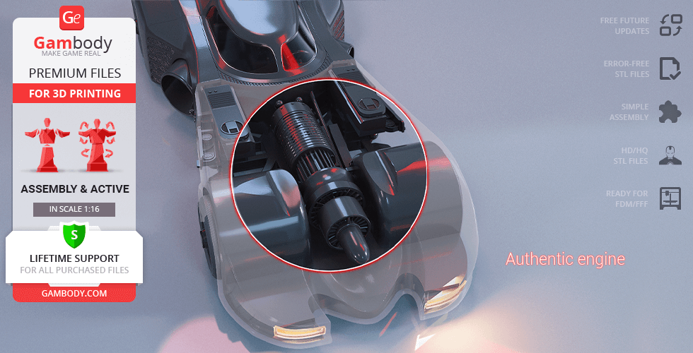 Detailed 3D model of the 1989 Batmobile for printing, showcasing its engine design.