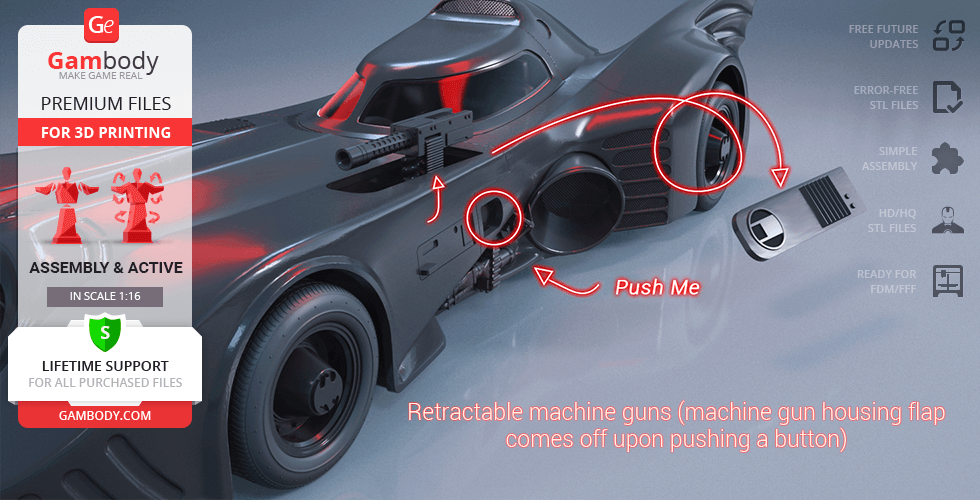 3D model of 1989 Batmobile with retractable machine guns, for 3D printing.