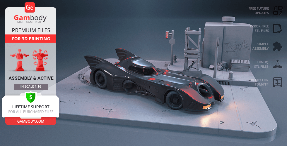 3D model of the 1989 Batmobile on a detailed street diorama, designed for 3D printing.