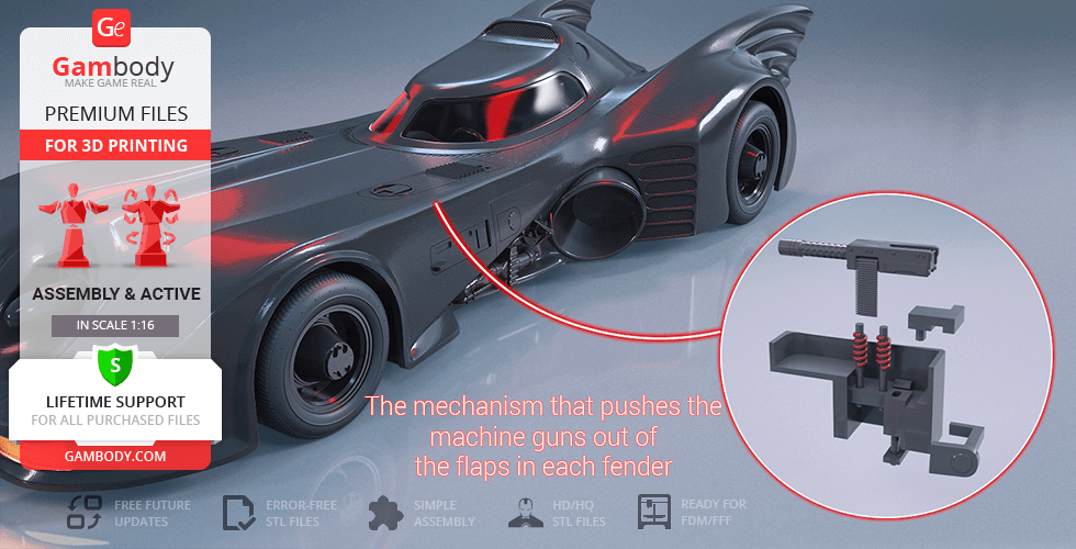 3D model of the 1989 Batmobile for 3D printing, featuring detailed mechanisms for machine guns.