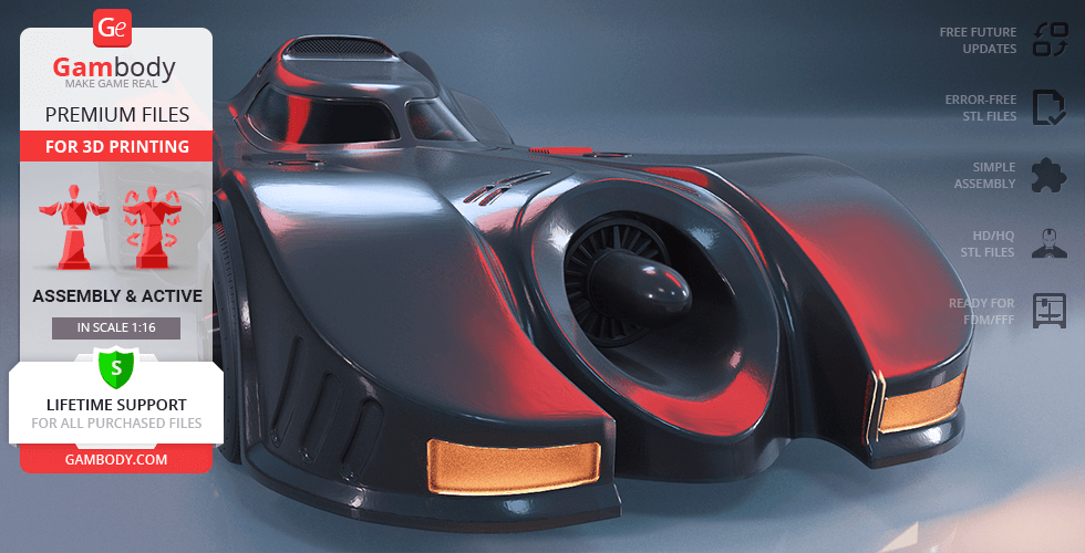 Sleek, black 3D model of the 1989 Batmobile, ready for 3D printing. Displayed with features and specs.