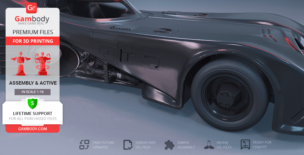 A sleek, detailed 3D model of the 1989 Batmobile for printing, featuring high-quality STL files.