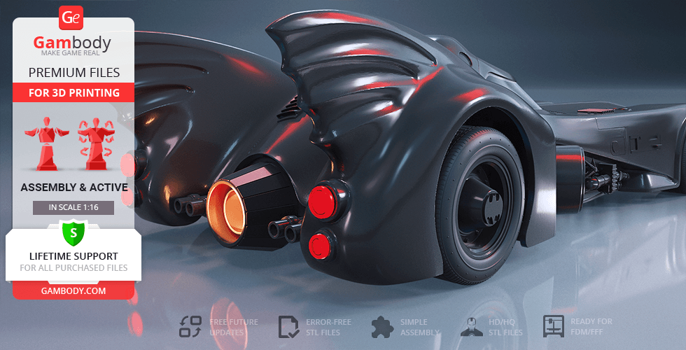 3D model of the 1989 Batmobile, detailed for 3D printing, featuring rear view with fins and taillights.