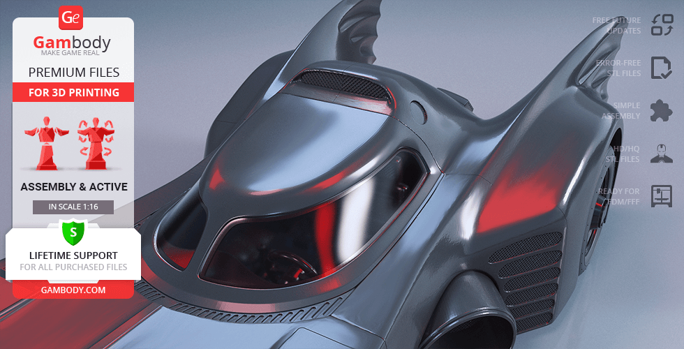 1989 Batmobile 3D model in detailed STL format, ready for printing, with premium features from Gambody.