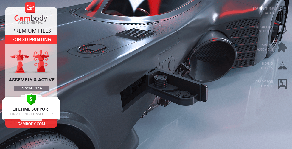 1989 Batmobile STL files for 3D printing, detailed model with assembly features shown.