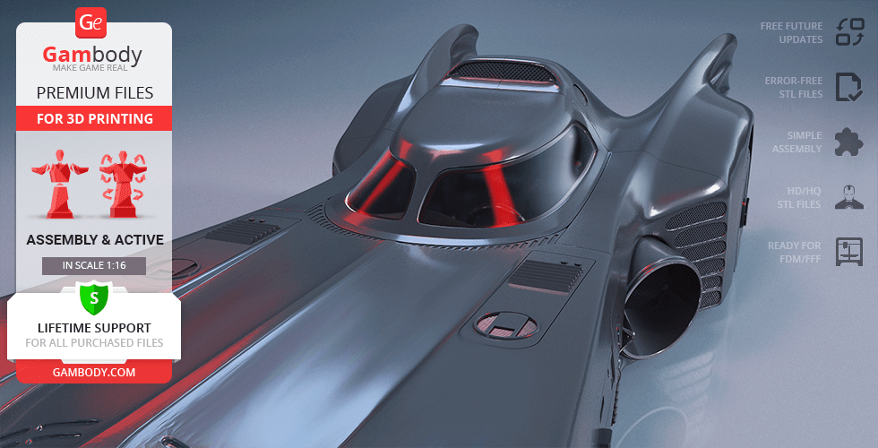 A sleek 3D model of the 1989 Batmobile, ready for printing, with highlighted features and support options.