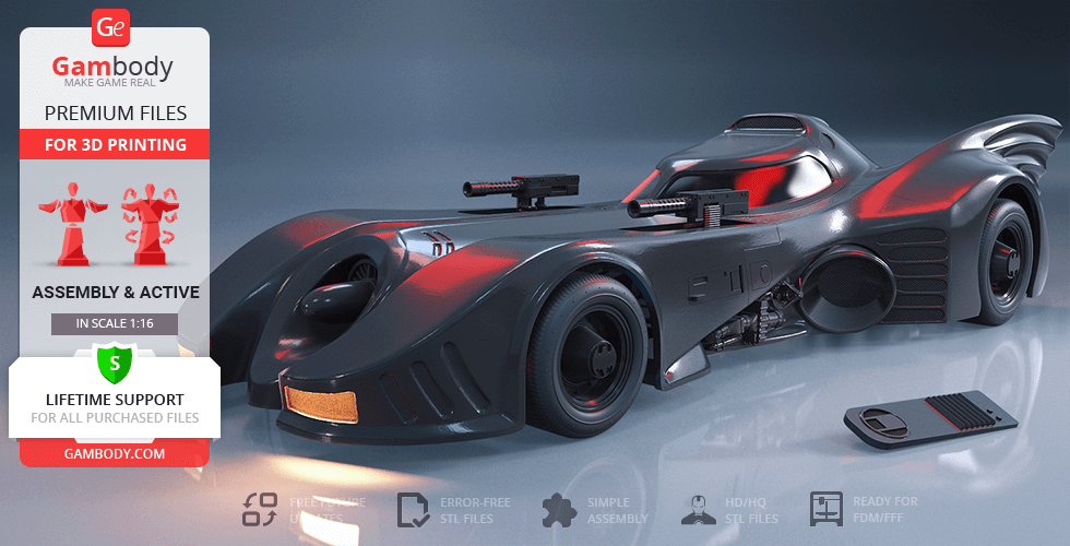 Sleek 3D model of the 1989 Batmobile, designed for 3D printing, shown with assembly details.