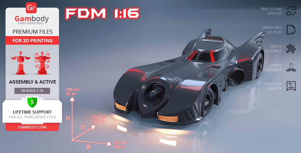 3D model of the 1989 Batmobile, ready for 3D printing, displayed with dimensions and features on Gambody.