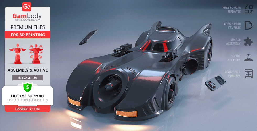 3D model of the 1989 Batmobile for printing, featuring detailed parts and sleek black design.