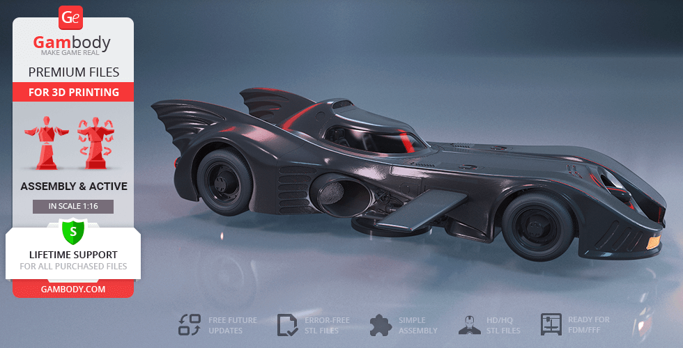 3D model of the Batmobile 1989, ready for printing, displayed with Gambody branding and features.