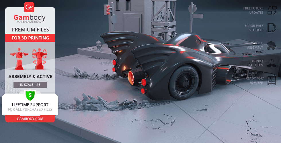 3D model of the 1989 Batmobile on a city street base, ready for 3D printing via Gambody.