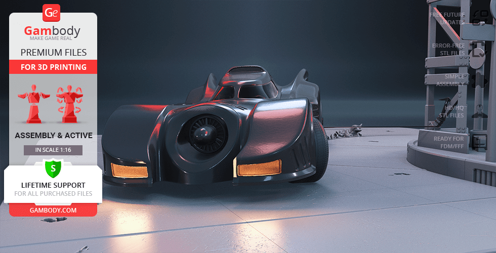 3D model of the 1989 Batmobile for printing, displayed in a showroom setting.