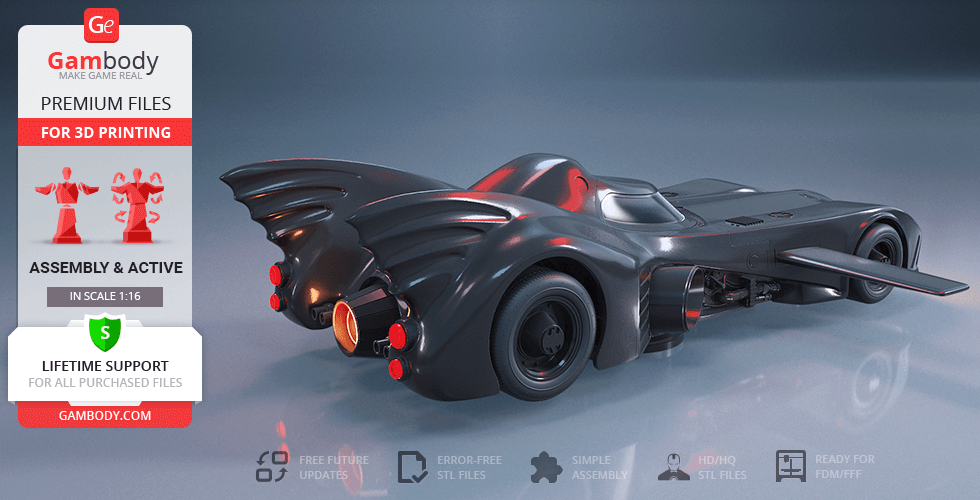 3D model of the 1989 Batmobile, sleek with wing-like fins, ready for 3D printing from Gambody.