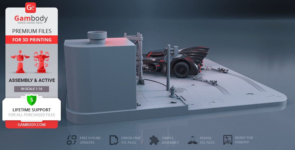 1989 Batmobile 3D model on a diorama base, showcasing urban street details for printing.