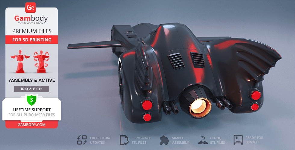 A sleek 3D model of the 1989 Batmobile, featuring wing-like fins and detailed exhausts, ready for printing.