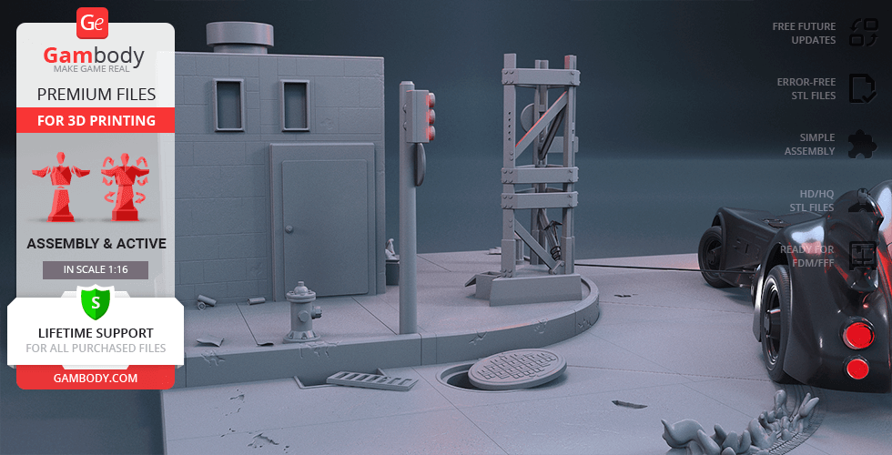 3D model diorama of 1989 Batmobile in an urban street scene for 3D printing.