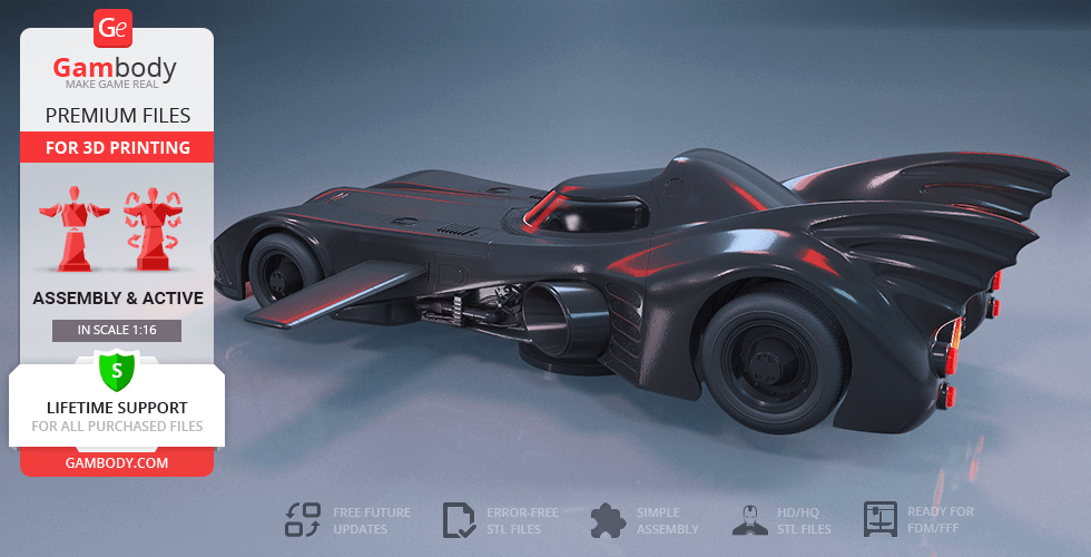 Sleek Batmobile 1989 3D model with fins and curves, ready for printing. Includes detailed assembly instructions.