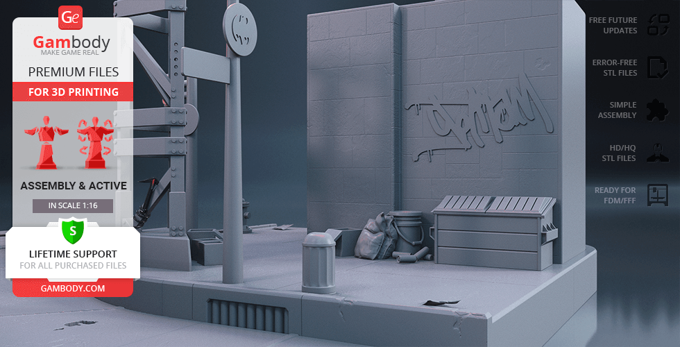 A detailed 3D diorama of an urban street scene with graffiti, designed for 3D printing.