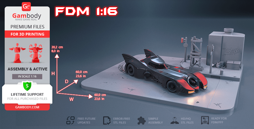 3D model of the 1989 Batmobile on a display base, designed for 3D printing, by Gambody.