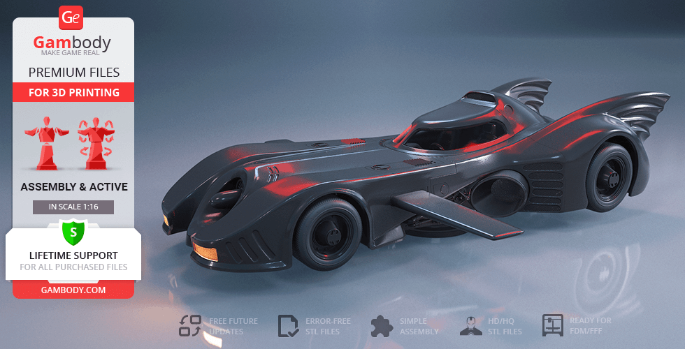 3D model of the 1989 Batmobile for 3D printing, featuring sleek, dark design with fins and jet exhaust.