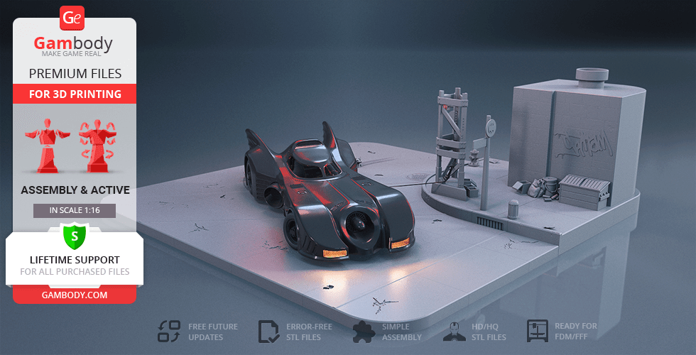 3D model of the 1989 Batmobile on a diorama base with urban elements, designed for 3D printing.