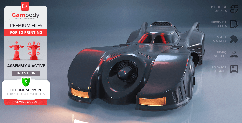 3D render of a sleek, black Batmobile model, styled after the 1989 version, for 3D printing.