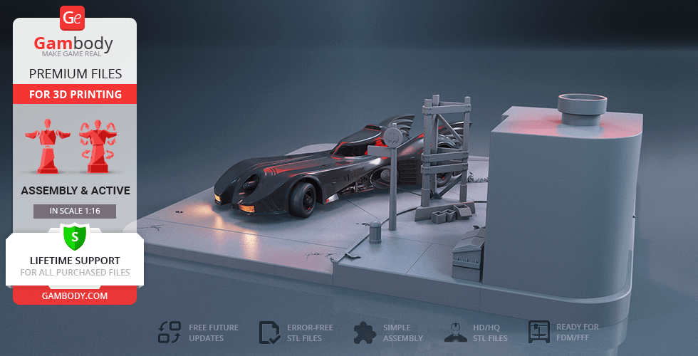 3D model of the 1989 Batmobile on a detailed base, ready for 3D printing from Gambody.