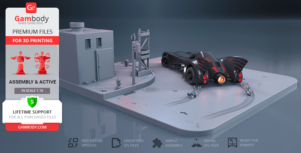 3D model of the 1989 Batmobile with a detailed city diorama base for 3D printing.