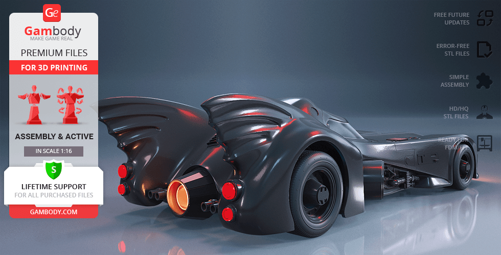 A sleek, dark 3D model of the 1989 Batmobile, ready for 3D printing via Gambody.