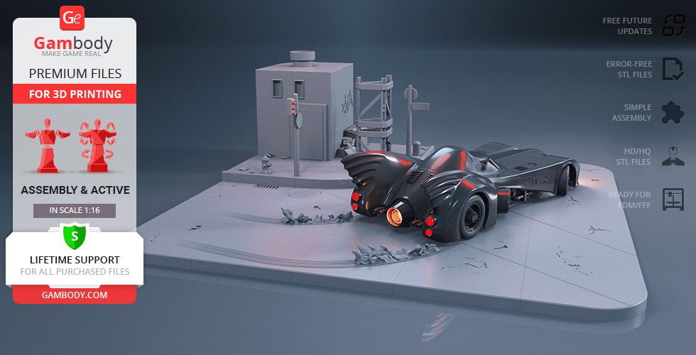 A detailed 3D model of the 1989 Batmobile on a city diorama base.