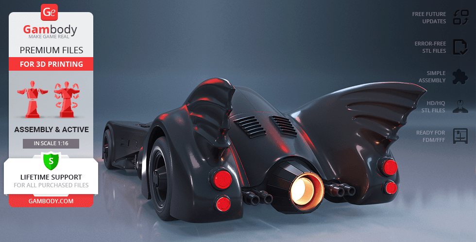 3D model of the 1989 Batmobile, featuring sleek black design and prominent rear fins, ready for 3D printing.