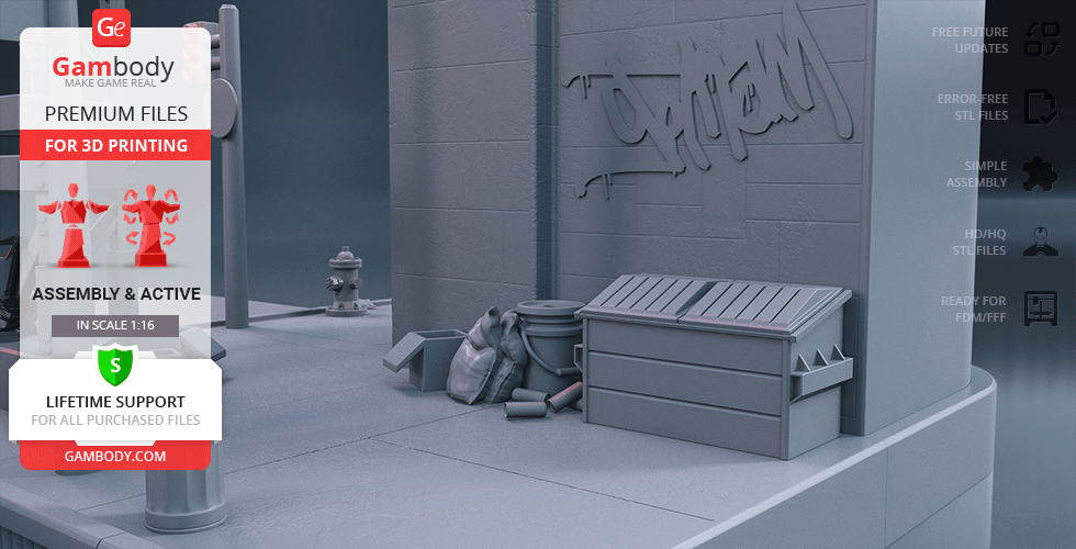 A 3D print scene features an alley with a dumpster, pipes, and graffiti on the wall.